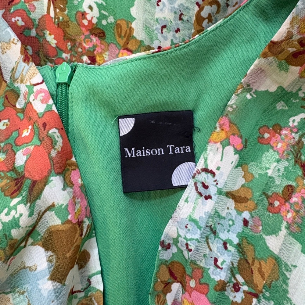 Maison Tara Green Floral Pleated Maxi‎ Dress V-Neck 3/4 Puff Sleeve Belted - Picture 10 of 12